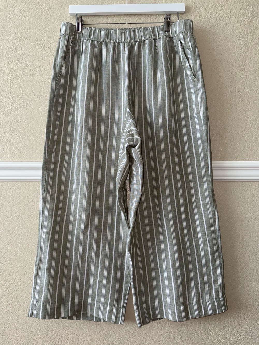 Talbots Linen Cotton Striped Wide Leg Cropped Pants Elastic Waist Green White L